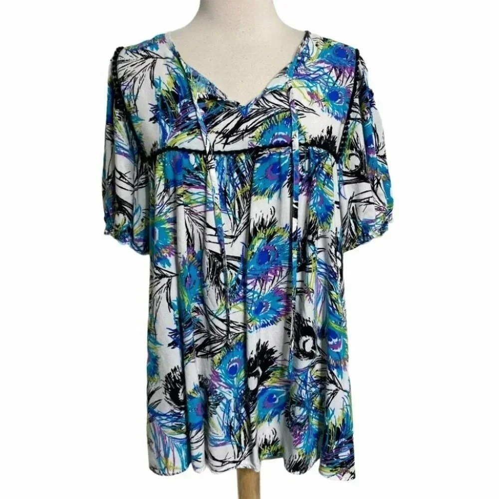Dressbarn Woman 2X Peacock Feather Print Tunic Top‎ Blue Boho Rayon Babydoll